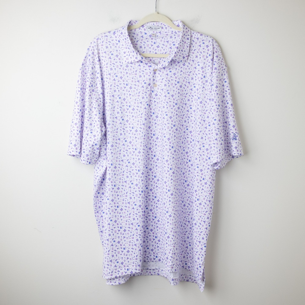 Peter Millar Summer Comfort Cigar Print Polo Men's XXL White Purple Golf